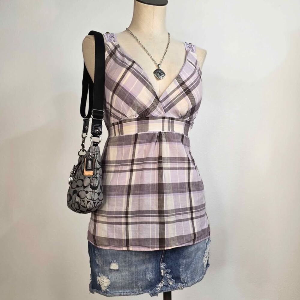 Y2K Babydoll Plaid Tank Top Coquette Summer Vanity Mallcore Lace